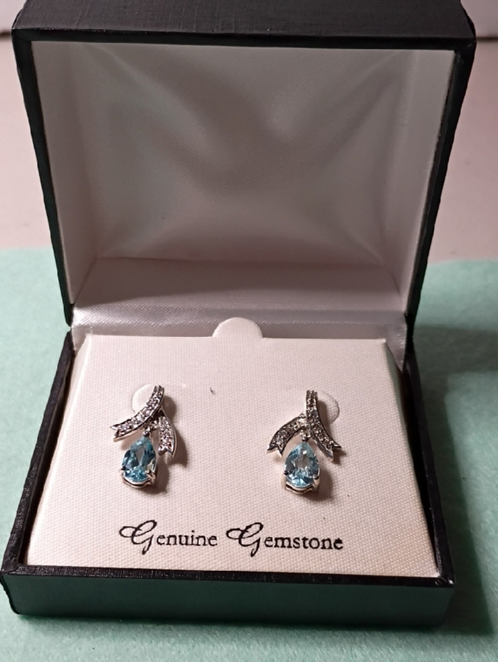 Silver Teardrop Blue Topaz Earrings with Clear Accents
